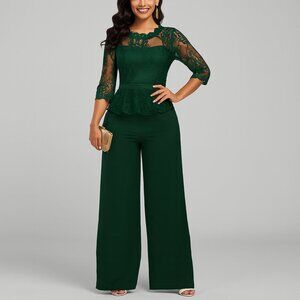 Lady Occasions XXL Dark Green Lace Holiday Bridal Evening Wide Leg Jumpsuit Fall